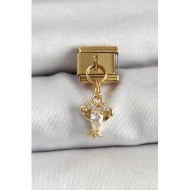Mey İthalat® 316L Çelik Sallantılı Zirkon Taşlı Yengeç Model Gold Renk Nomination Charm