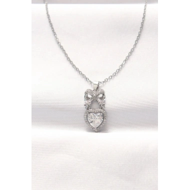 Mey İthalat® 316L Çelik Silver Renk Zirkon Taşlı Kalpli Fiyonk Kolye