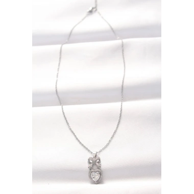 Mey İthalat® 316L Çelik Silver Renk Zirkon Taşlı Kalpli Fiyonk Kolye
