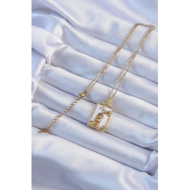 Mey İthalat® 316L Çelik Zincir Altın Renk Beyaz Mineli Tarot Kolye