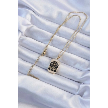 Mey İthalat® 316L Çelik Zincir Altın Renk İşlemeli Siyah Mineli Tarot Kolye