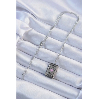 Mey İthalat® 316L Çelik Zincir Eskitme Gümüş Renk Pembe Mineli Kalp Figürlü Tarot Kolye