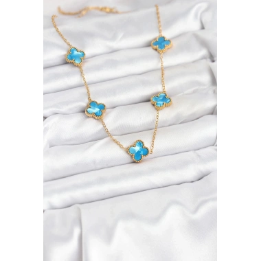 Mey İthalat® 316L Çelik Zincir Gold Buz Mavisi Renk Yonca Kolye