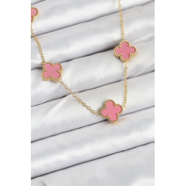 Mey İthalat® 316L Çelik Zincir Gold Pembe Renk Yonca Kadın Kolye