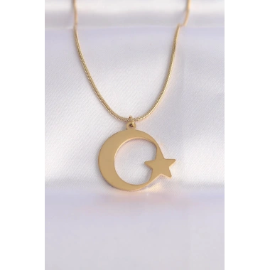 Mey İthalat® 316L Çelik Zincir Gold Renk Ay Yıldız Unisex Kolye
