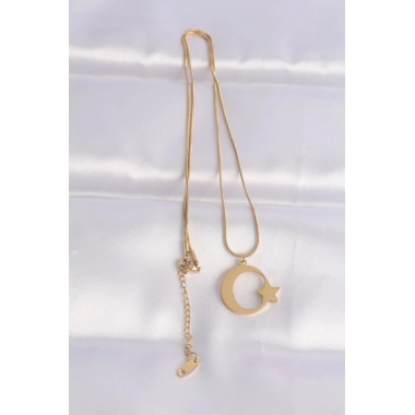 Mey İthalat® 316L Çelik Zincir Gold Renk Ay Yıldız Unisex Kolye