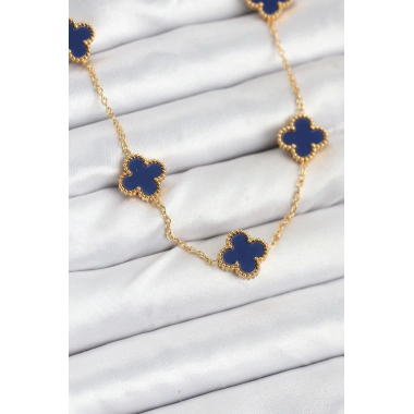 Mey İthalat® 316L Çelik Zincir Gold Renk Lacivert Yonca Kadın Kolye