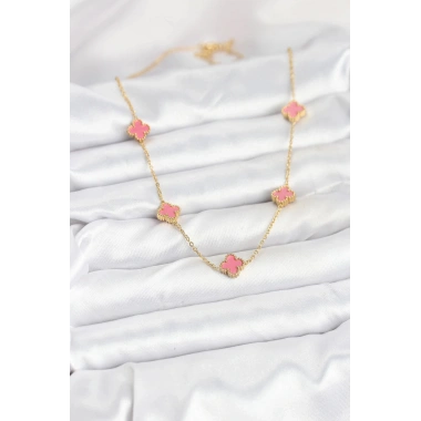 Mey İthalat® 316L Çelik Zincir Gold Renk Pembe Baby Boy Yonca Kadın Kolye