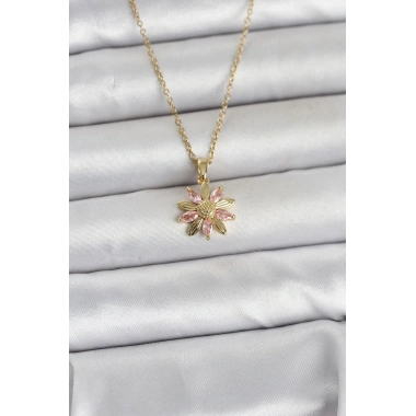 Mey İthalat® 316L Çelik Zincir Gold Renk Pembe Papatya Model Kadın Kolye