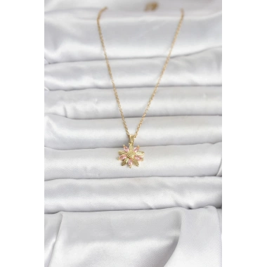 Mey İthalat® 316L Çelik Zincir Gold Renk Pembe Papatya Model Kadın Kolye
