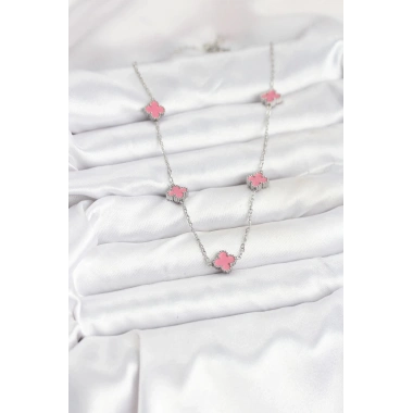 Mey İthalat® 316L Çelik Zincir Gümüş Renk Pembe Baby Boy Yonca Kadın Kolye
