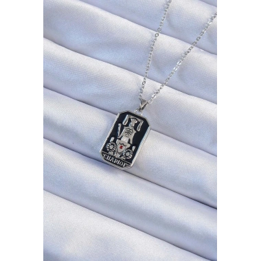Mey İthalat® 316L Çelik Zincir Gümüş Renk Siyah Mineli Tarot Kolye