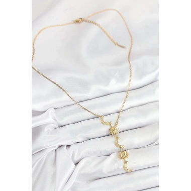 Mey İthalat® 316L Çelik Zirkon Taşlı Güneş Ve Ay Model Gold Renk Kadın Kolye