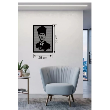 Mey İthalat® Atatürk Line Art Metal Görünümlü Ahşap Tablo - Modern Ofis ve Ev Dekoru