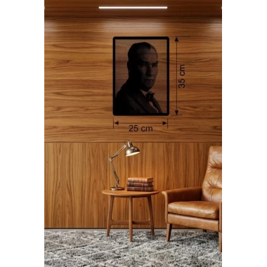 Mey İthalat® Atatürk Line Art Metal Görünümlü Ahşap Tablo - Modern Ofis ve Ev Dekoru