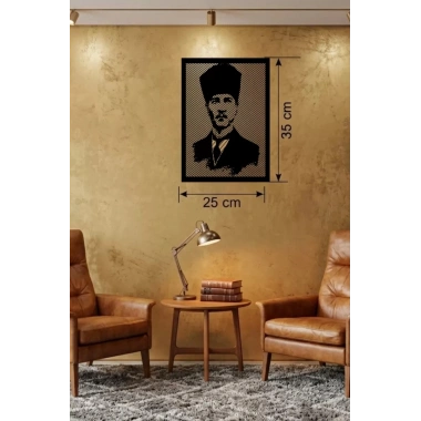 Mey İthalat® Atatürk Line Art Metal Görünümlü Ahşap Tablo - Modern Ofis ve Ev Dekoru