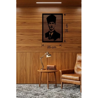Mey İthalat® Atatürk Line Art Metal Görünümlü Ahşap Tablo - Modern Ofis ve Ev Dekoru