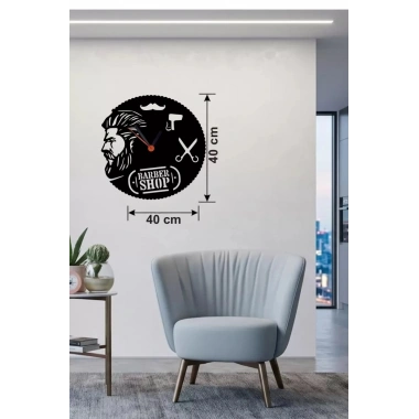 Mey İthalat® Berber Kuaför Tasarım Ahşap Duvar Saati - 40x40 cm Berber Dekorasyonu