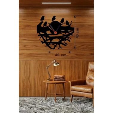 Mey İthalat® Dallarda Kuşlar Tasarım Ahşap Duvar Saati - 40x40 cm Dekoratif Saat