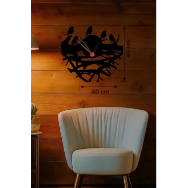 Mey İthalat® Dallarda Kuşlar Tasarım Ahşap Duvar Saati - 40x40 cm Dekoratif Saat