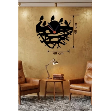 Mey İthalat® Dallarda Kuşlar Tasarım Ahşap Duvar Saati - 40x40 cm Dekoratif Saat