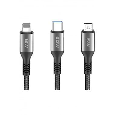 Mey İthalat® DC62 3in1 Type-C to 60W Type-C / 12W Lightning / 15W Micro 1.2M Hızlı Şarj Kablo - Siyah