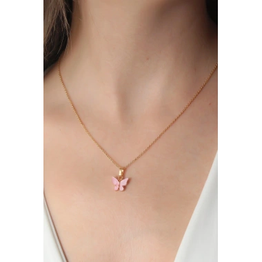 Mey İthalat® Gold Pembe Renk Kelebek Figür Kadın Kolye