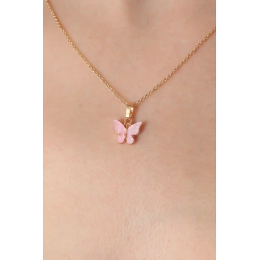 Mey İthalat® Gold Pembe Renk Kelebek Figür Kadın Kolye