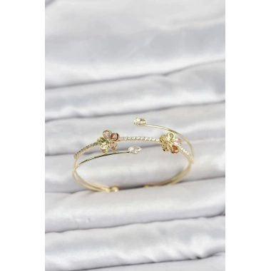 Mey İthalat® Gold Renk Pirinç Zirkon Taşlı Çiçek Model Kadın Bileklik