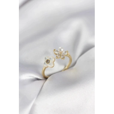 Mey İthalat® Gold Renk Sedefli Çiçek Model Kadın Yüzük