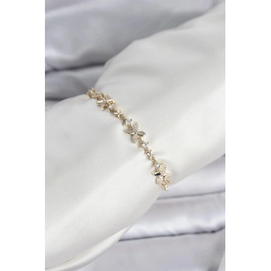 Mey İthalat® Gold Renk Yonca Model Zirkon Taşlı Asansörlü Kadın Bileklik