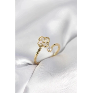 Mey İthalat® Gold Renk Zirkon Taşlı Yonca Model Kadın Yüzük