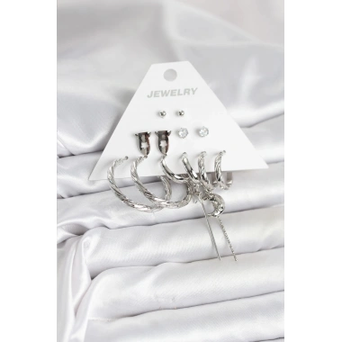 Mey İthalat® Gümüş Renk Pirinç 6lı Kadın Küpe Seti
