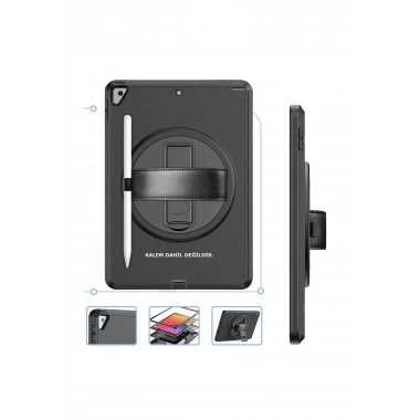 Mey İthalat® iPad 10.2 (7.nesil) Kılıf Hand Strap Tablet Kılıfı - Siyah