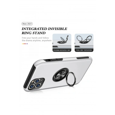 Mey İthalat®  iPhone 11 Pro Max Kılıf Elit Yüzüklü Kapak - Gümüş