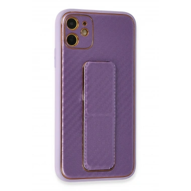 Mey İthalat®  iPhone 12 Kılıf Coco Karbon Standlı Kapak - Mor