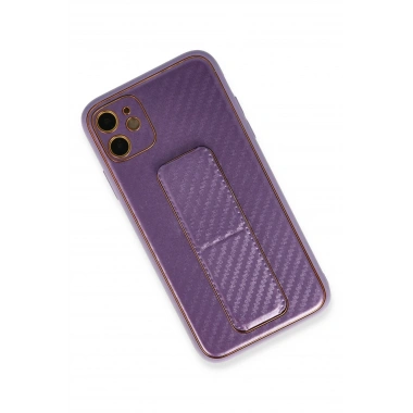 Mey İthalat®  iPhone 12 Kılıf Coco Karbon Standlı Kapak - Mor