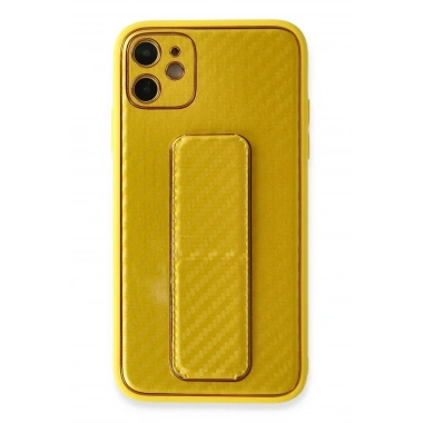 Mey İthalat®  iPhone 12 Kılıf Coco Karbon Standlı Kapak - Sarı