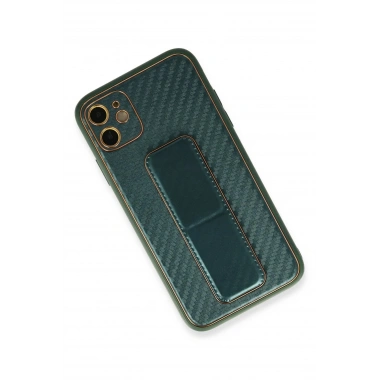 Mey İthalat®  iPhone 12 Kılıf Coco Karbon Standlı Kapak - Yeşil