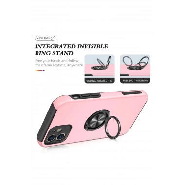 Mey İthalat®  iPhone 12 Kılıf Elit Yüzüklü Kapak - Pembe