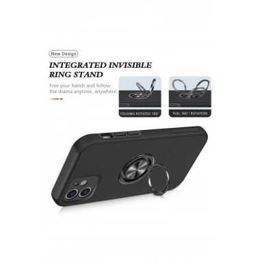 Mey İthalat®  iPhone 12 Kılıf Elit Yüzüklü Kapak - Siyah