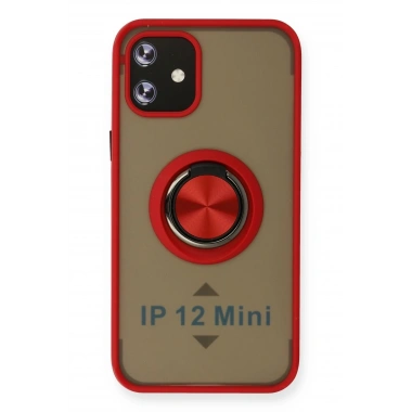 Mey İthalat®  iPhone 12 Kılıf Montreal Yüzüklü Silikon Kapak - Kırmızı