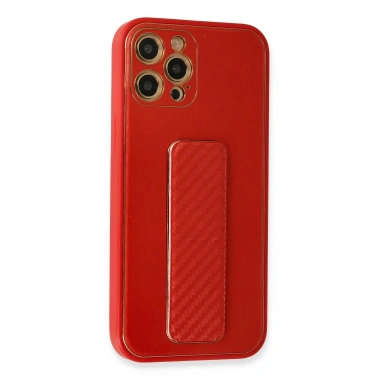 Mey İthalat®  iPhone 12 Pro Kılıf Coco Karbon Standlı Kapak - Kırmızı
