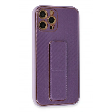 Mey İthalat®  iPhone 12 Pro Kılıf Coco Karbon Standlı Kapak - Mor