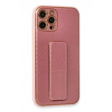 Mey İthalat®  iPhone 12 Pro Kılıf Coco Karbon Standlı Kapak - Pembe