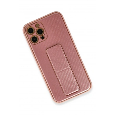 Mey İthalat®  iPhone 12 Pro Kılıf Coco Karbon Standlı Kapak - Pembe