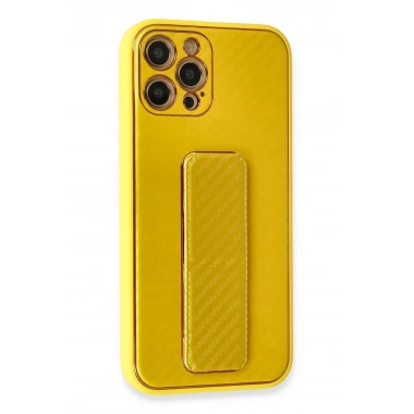 Mey İthalat®  iPhone 12 Pro Kılıf Coco Karbon Standlı Kapak - Sarı