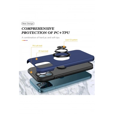 Mey İthalat®  iPhone 12 Pro Kılıf Elit Yüzüklü Kapak - Lacivert