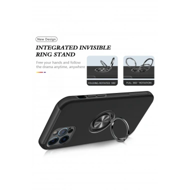 Mey İthalat®  iPhone 12 Pro Kılıf Elit Yüzüklü Kapak - Siyah