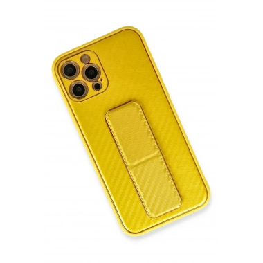 Mey İthalat®  iPhone 12 Pro Max Kılıf Coco Karbon Standlı Kapak - Sarı